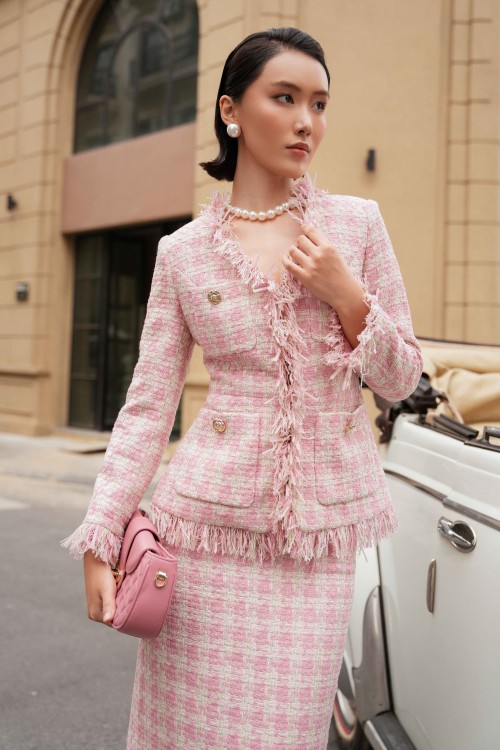 Sixdo Pink Long Sleeves Tweed Vest